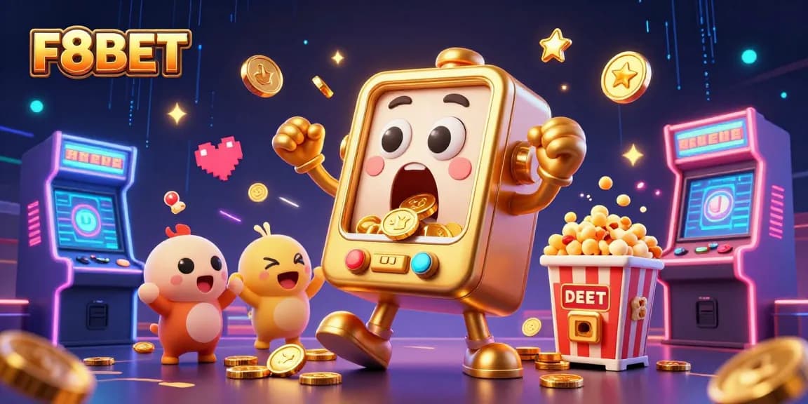 Experience F8BET as the golden slot machine hits a jackpot with coins pouring out, in a vibrant casino scene.