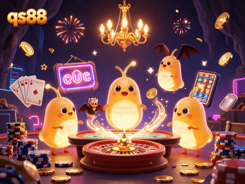 Experience the vibrant energy of qs88 with glowworms illuminating a cave casino scene.