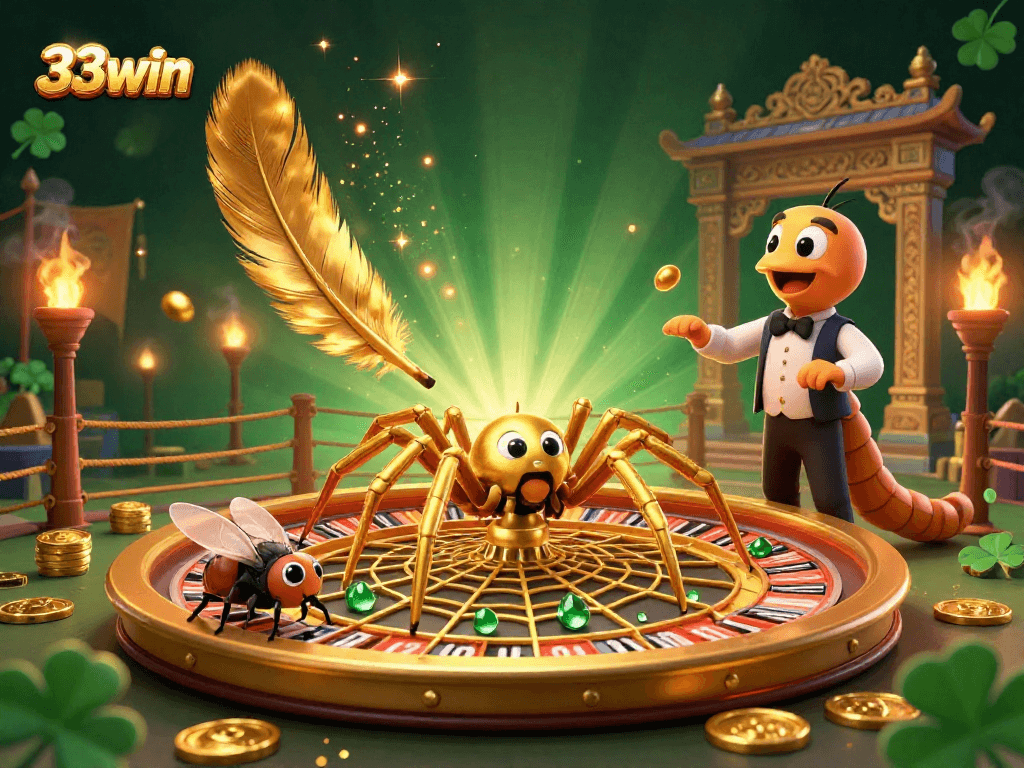 Engage with the thrilling world of 33win casino as a golden spider spins a roulette web.