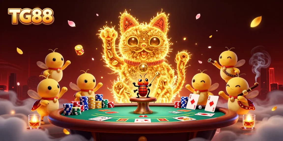 Experience the excitement of TG88 where golden fireflies create a lucky cat amidst an energetic casino atmosphere.