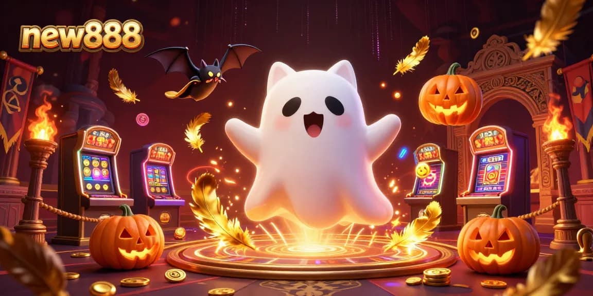 Win big with new888 in an exciting haunted casino scene featuring a ghost cat and vampire bat.
