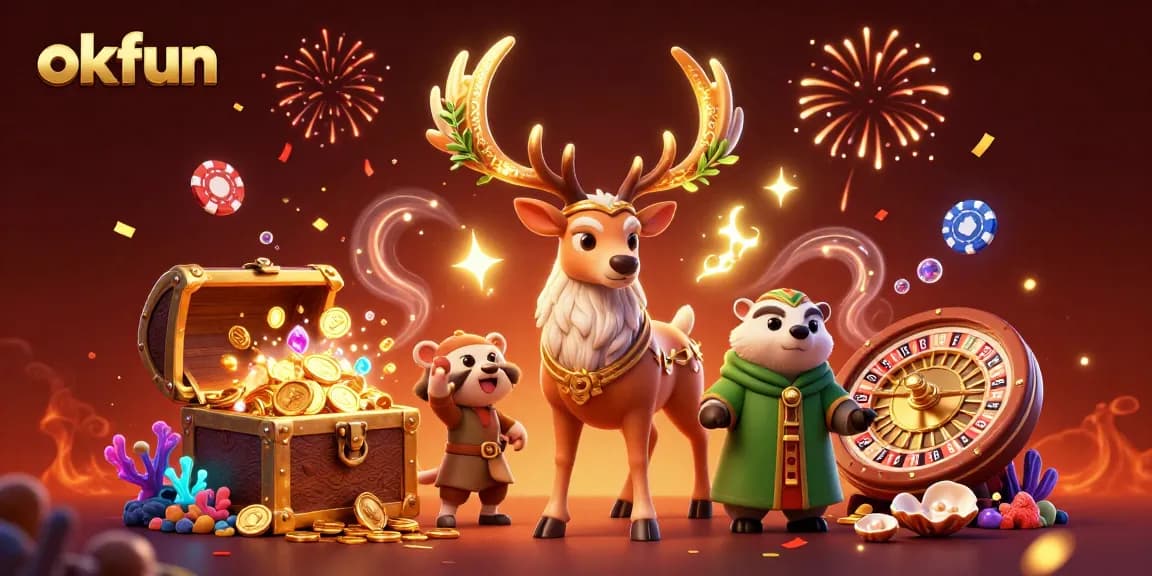 Experience the thrill of okfun gaming with a vibrant 3D illustration featuring casino elements and magical characters.