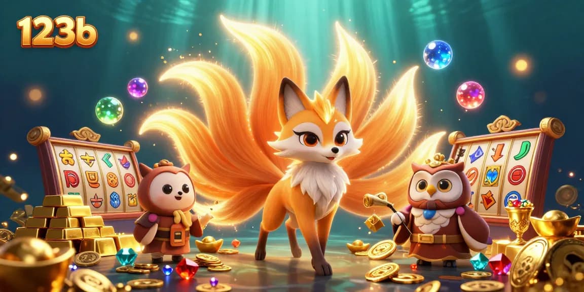 Spin the reels of 123b's vibrant slot games, surrounded by glittering treasures and magical characters.