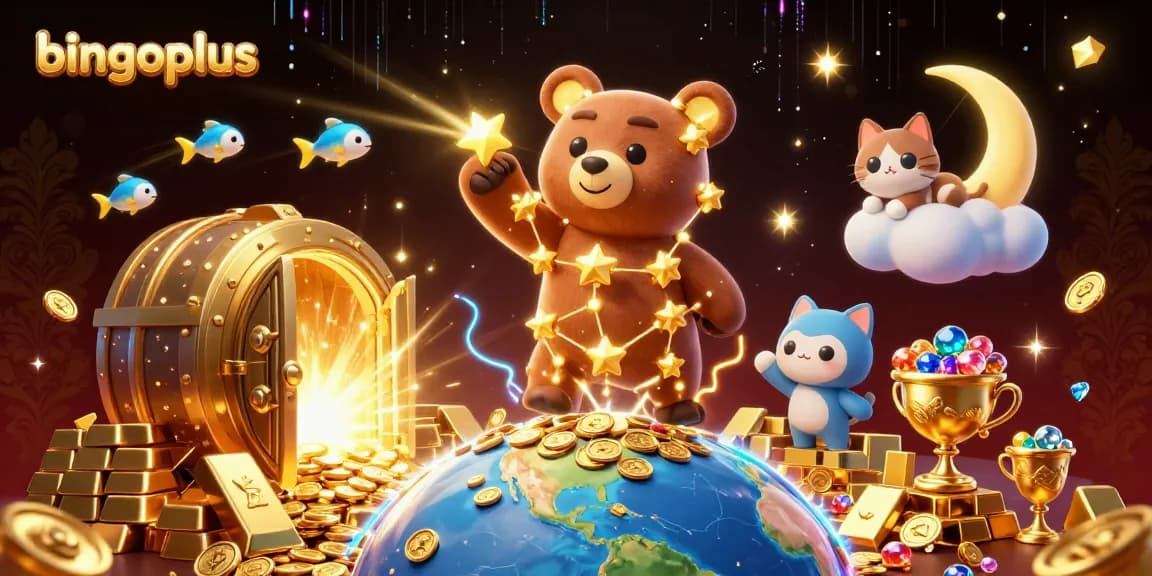 Experience exciting wins at bingoplus with a vibrant illustration of a constellation bear and dynamic casino elements.