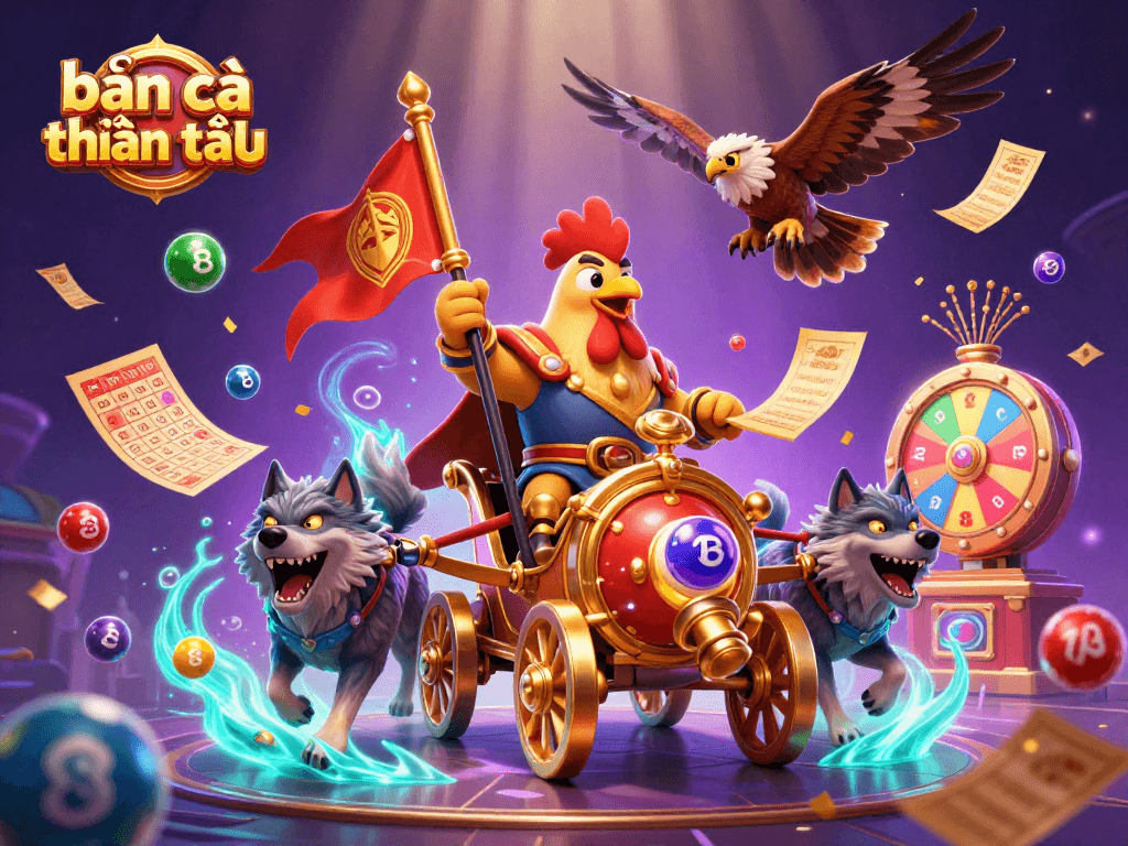 Bắn cá thần tài showcases a dynamic scene with a rooster warlord and lottery elements in vibrant colors.