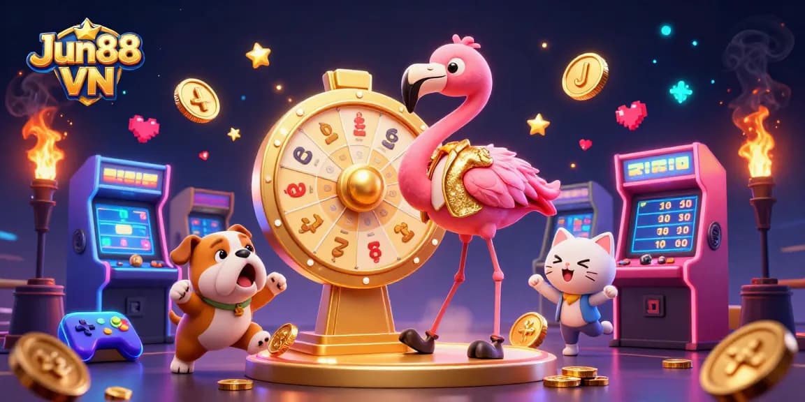 Spin the golden prize wheel at Jun88 VN, with bright arcade machines surrounding the excitement.