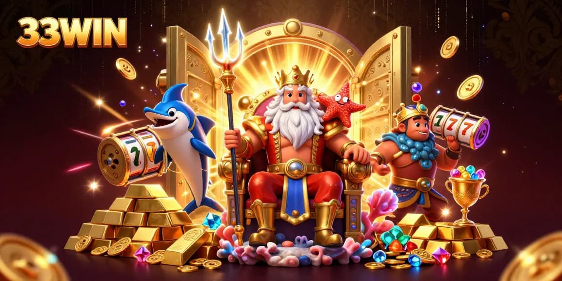 Experience thrilling gaming adventures with 33WIN, featuring Neptune and treasure in a vibrant casino scene.