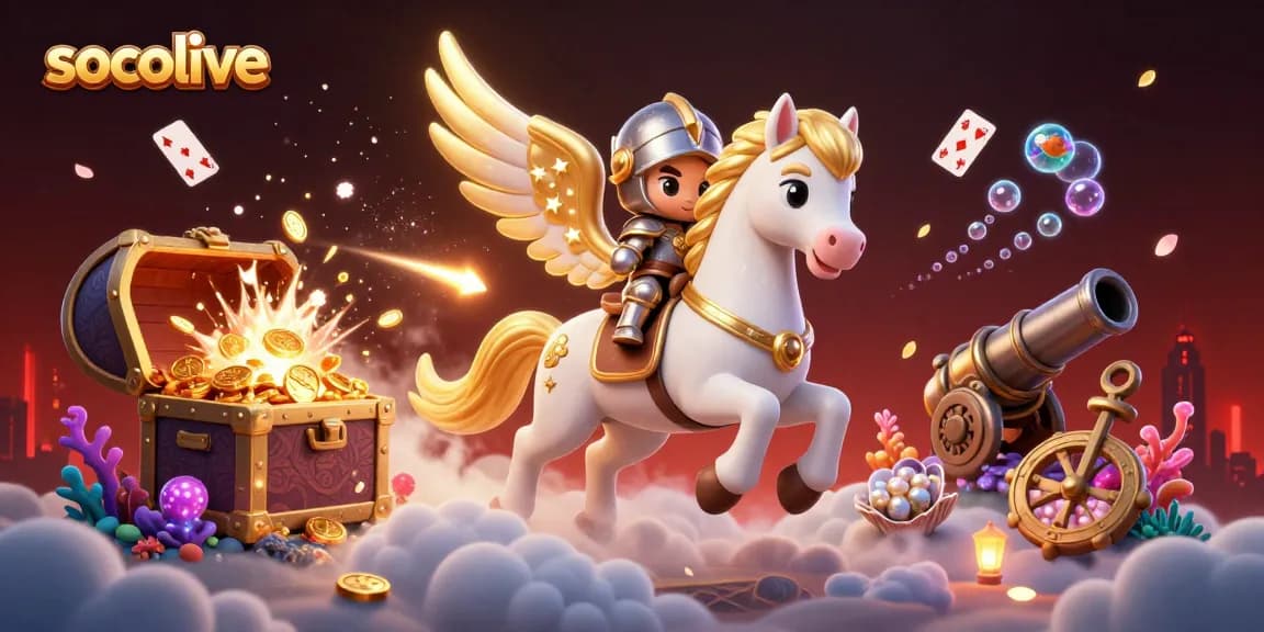 Socolive presents a dynamic scene of a celestial horse and knight, surrounded by treasure and bioluminescent elements.