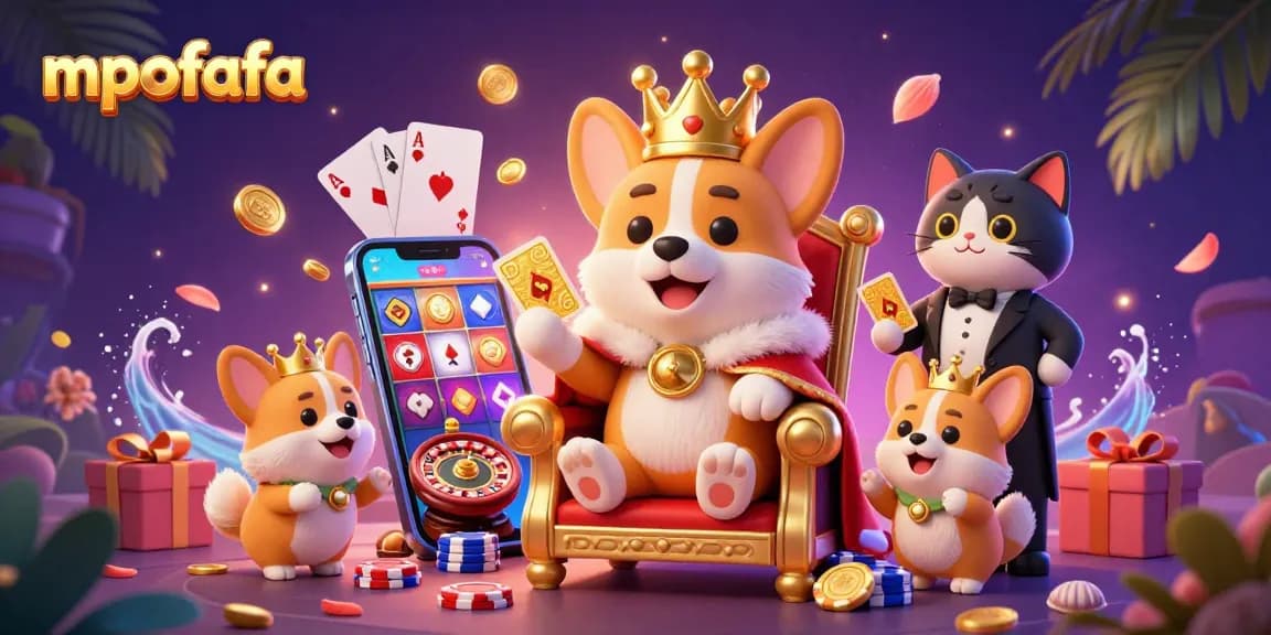 Experience vibrant gaming fun with mpofafa; a royal corgi surrounded by slot games and playful elements.
