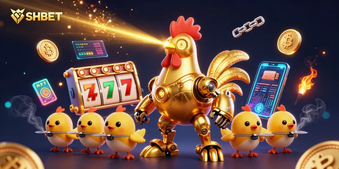 Engage with SHBET’s dazzling gaming environment, highlighted by a 3D golden rooster robot amidst slots and crypto elements.