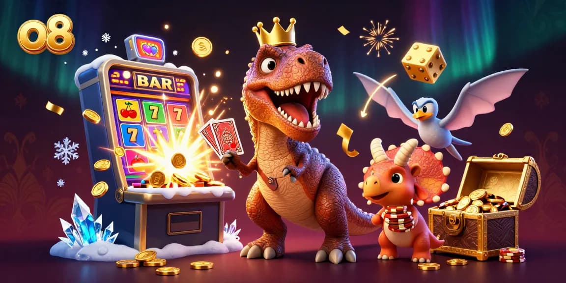o8 gaming characters shuffle cards and stack chips in a vibrant, dynamic casino scene with jackpot elements.