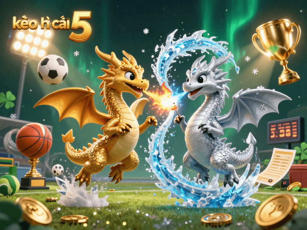 Engage with kèo nhà cái 5 in this dynamic 3D illustration featuring sports betting elements and dragons.
