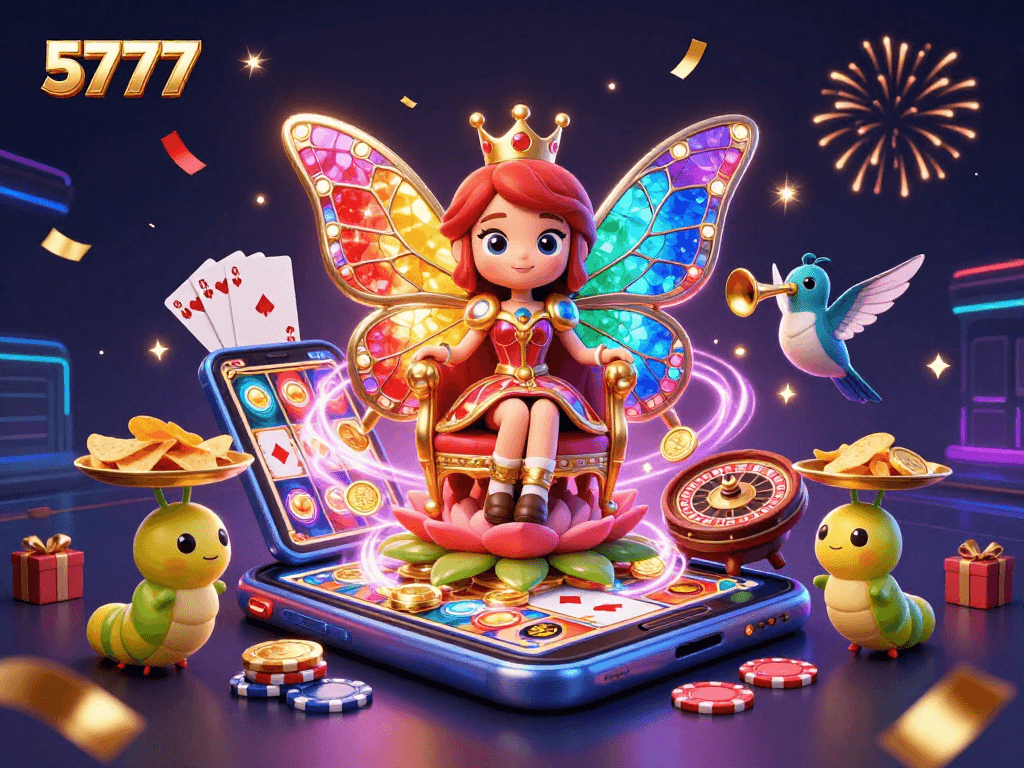 Immerse yourself in 5777's vibrant casino experience with the butterfly queen and dynamic gaming elements.