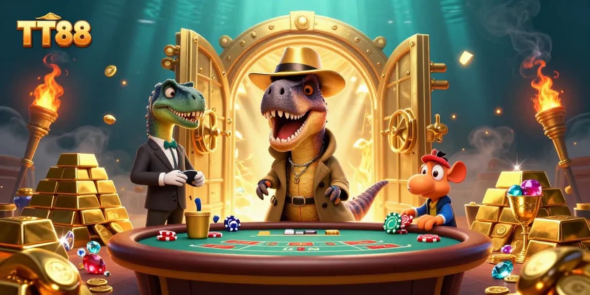 Join the fun at TT88 with a cartoon velociraptor card counter at a blackjack table, surrounded by gold treasures.