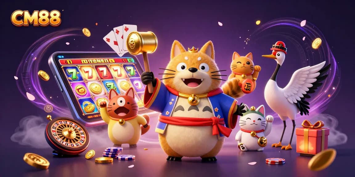 Spin to win with CM88's vibrant 3D casino illustration showcasing a joyful tanuki and casino game elements.