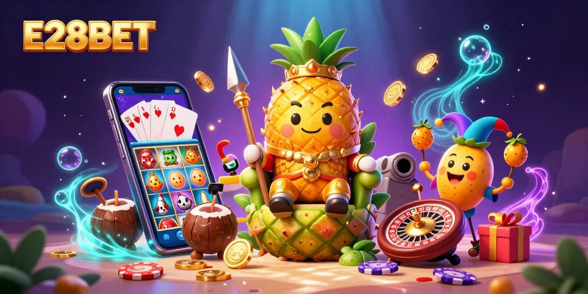 E28BET players enjoying thrilling gaming action with a golden pineapple king and fun casino elements.