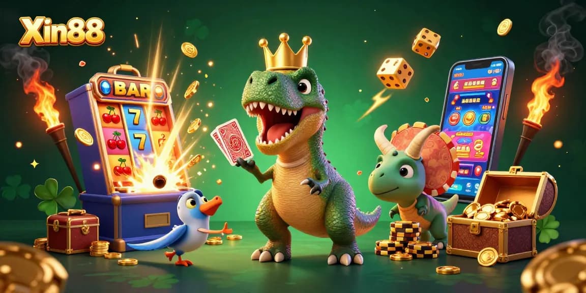 Experience the vibrant excitement of Xin88 with a T-Rex shuffling cards and a jackpot explosion!