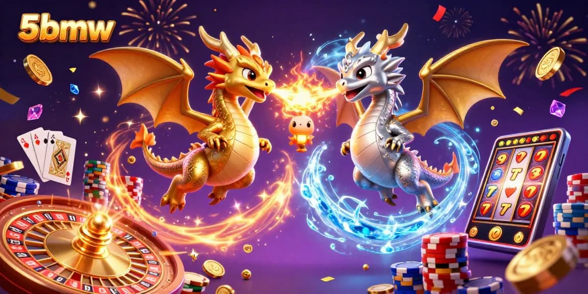 Experience thrilling gaming with 5bmw as golden and silver dragons battle amidst casino excitement and winnings.