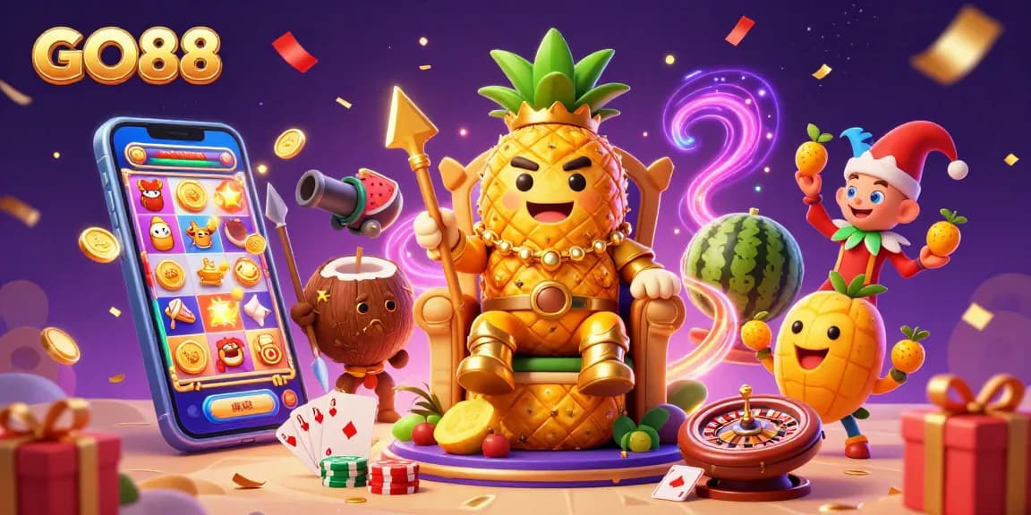 Experience GO88's vibrant casino adventure with a 3D cartoon king, surrounded by engaging game elements and festive flair.