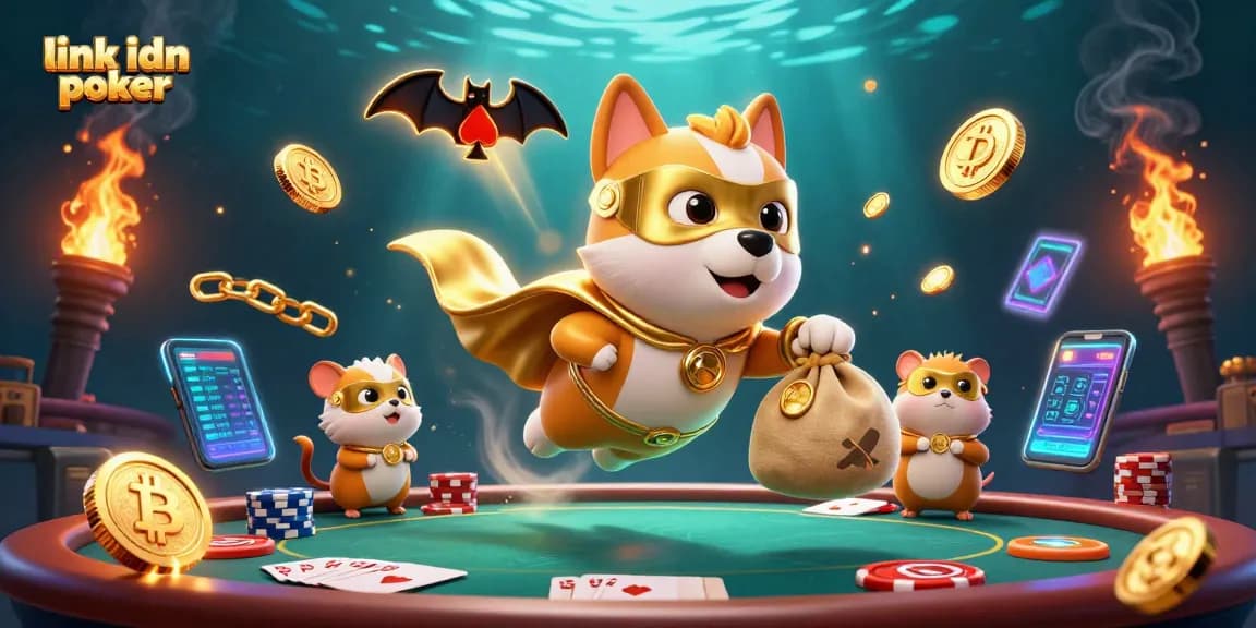 Temukan link idn poker di ilustrasi ini dengan karakter pahlawan terbang dan elemen poker yang menarik.