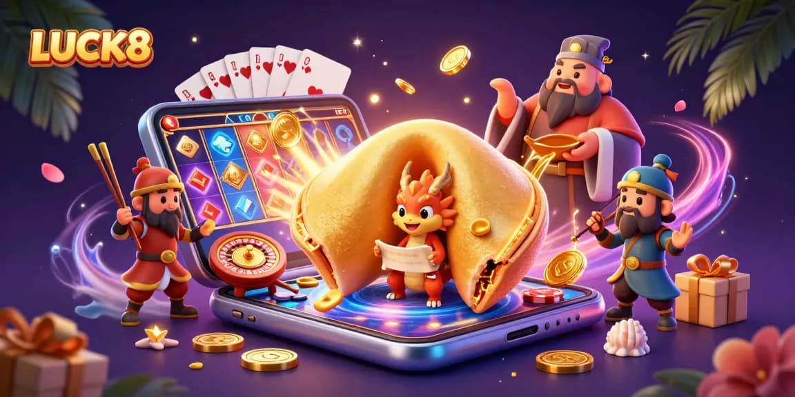 LUCK8 brings thrilling casino action to life with a vibrant 3D scene of gaming elements.
