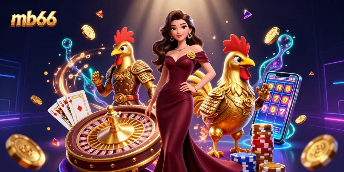 Engage with mb66's vibrant casino dynamics, showcasing a glamorous woman and a golden rooster warrior amid cascading coins and cards.