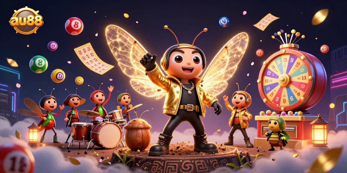 Experience thrilling moments at au88 with a vibrant 3D illustration of a rock star cicada and colorful lottery elements.