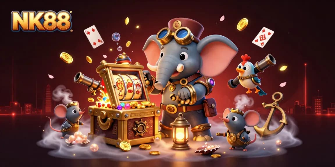 Watch NK88's steampunk elephant engineer activate a golden slot machine amid underwater treasure and vibrant gems.