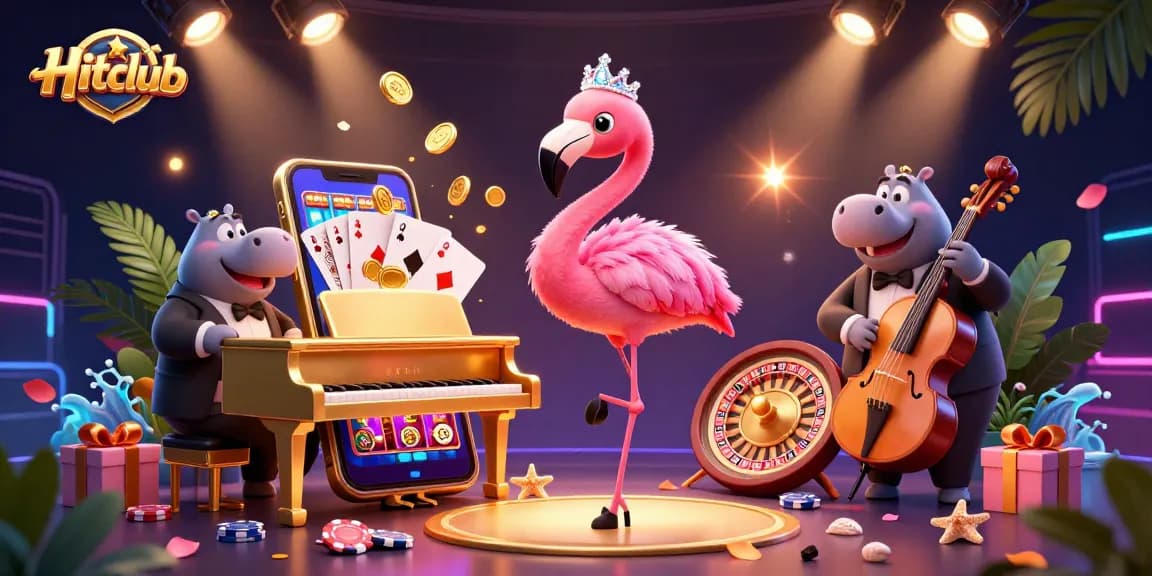Enjoy thrilling games at Hitclub, where a flamingo and hippo entertain amidst vibrant casino elements!