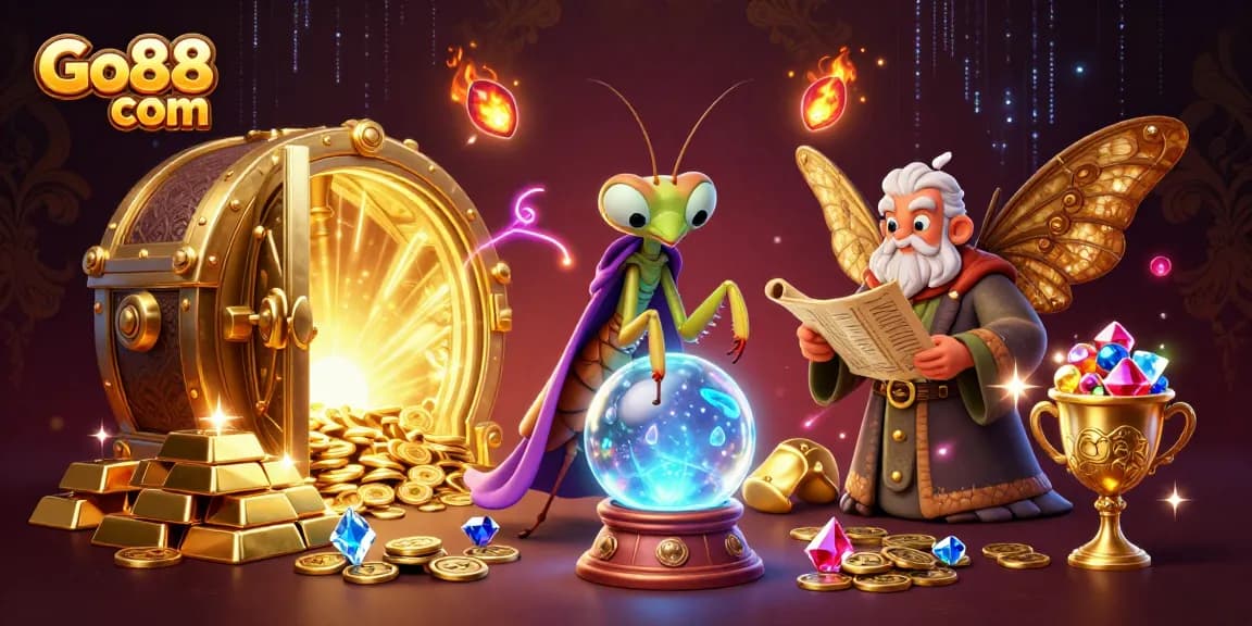 Experience thrilling gameplay with Go88 com's fortune-telling scene filled with treasures and mystical elements.