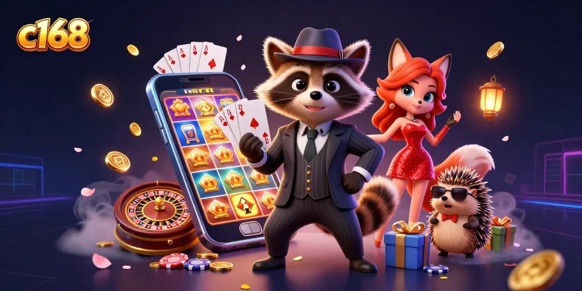 Experience excitement at c168 casino with animated characters amid lively gaming elements.