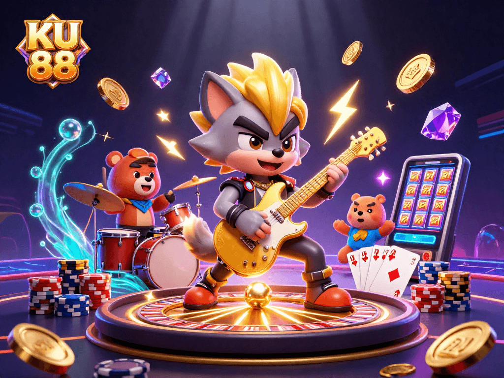Experience the thrill of KU 88 with a vibrant casino scene featuring dynamic characters and winning moments.