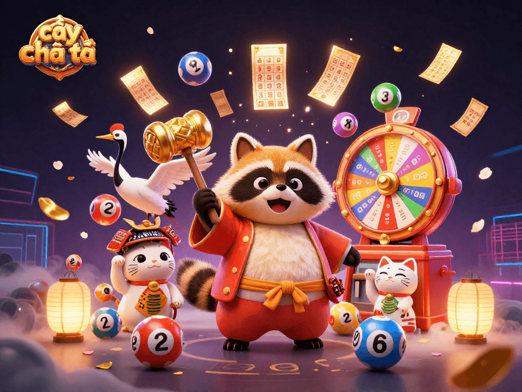 Experience the excitement of cây phát tài with 3D cartoon characters and colorful lottery elements in vibrant action.