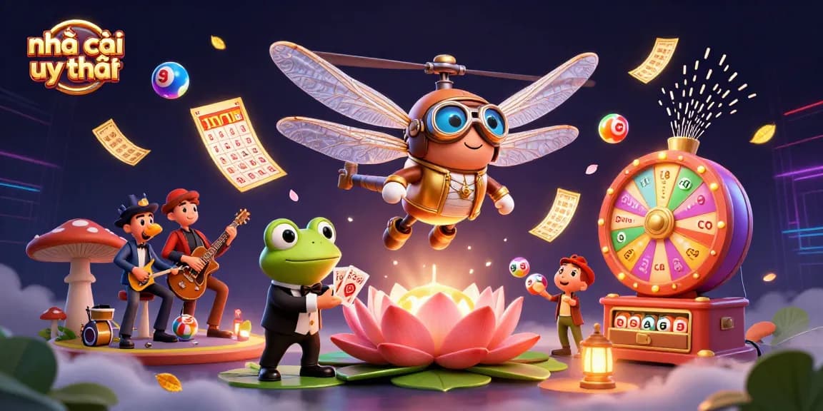 Engage in vibrant casino magic with nhà cái uy tín's dynamic 3D scene showcasing a whimsical dragonfly pilot and a frog dealer.