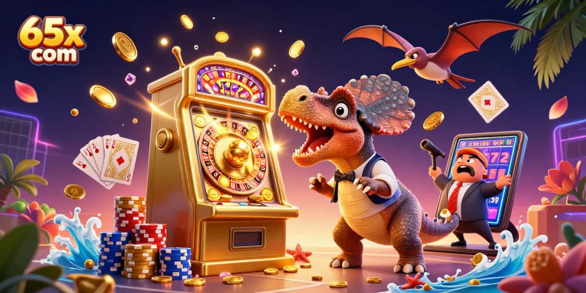 Slots e bônus no 65x com: um dinossauro em ação em um cassino.