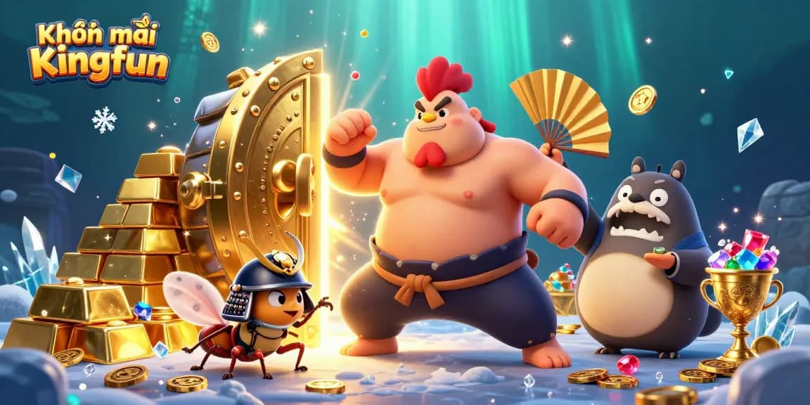 Unveil Khuyến mãi Kingfun offers through this vibrant 3D casino scene filled with treasures.