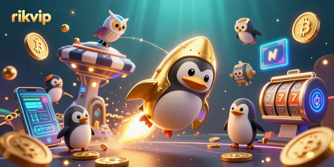Experience thrilling gameplay at rikvip with a golden penguin racing towards a poker chip casino.