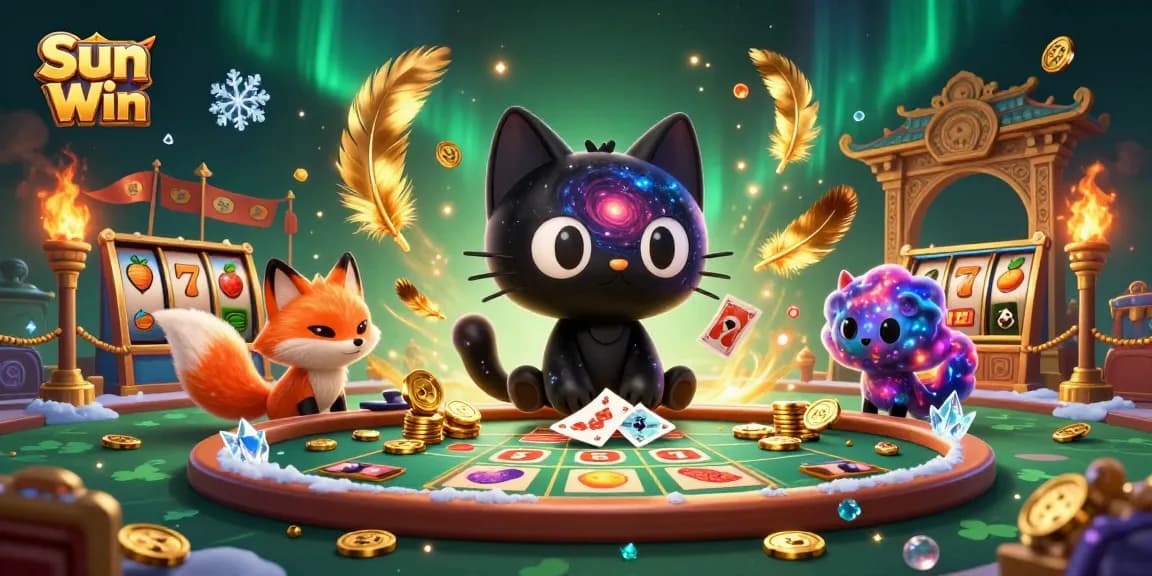 Experience the excitement of Sun Win at this cosmic casino featuring a black hole cat and colorful nebula fox.