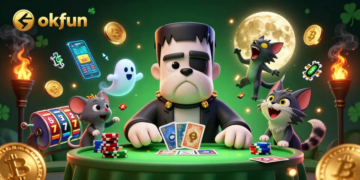 Engage with okfun at a spooky casino table featuring a Frankenstein bulldog and crypto elements