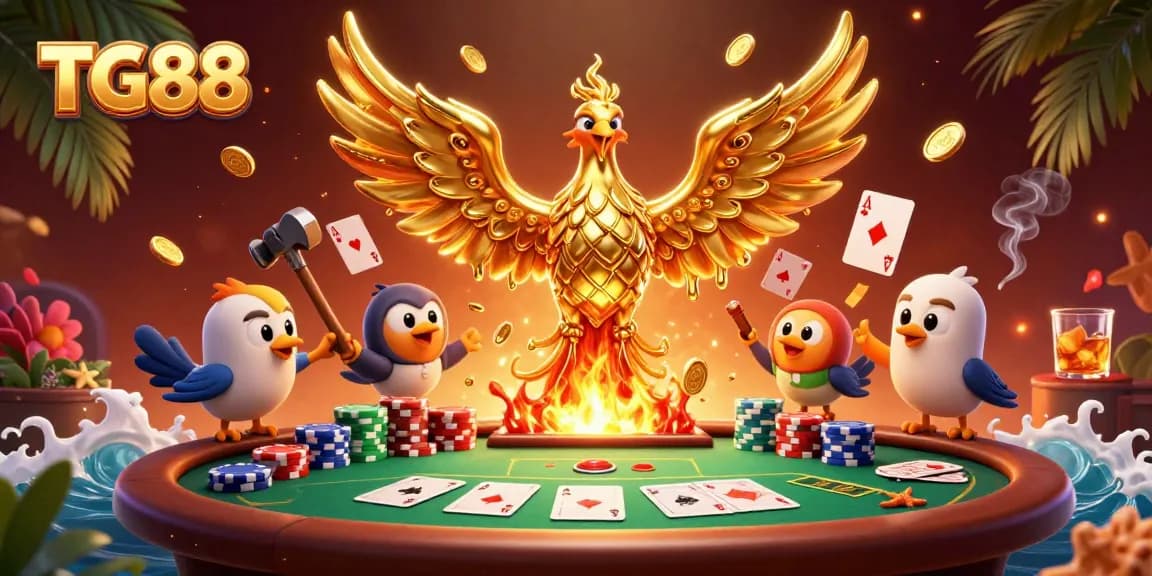 Experience TG88's exciting casino gaming with a molten phoenix and poker scene filled with vibrant elements.