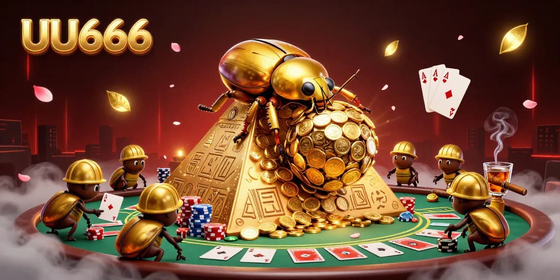 UU666 charms gamers with a 3D beetle rolling golden coins in vibrant casino artwork.