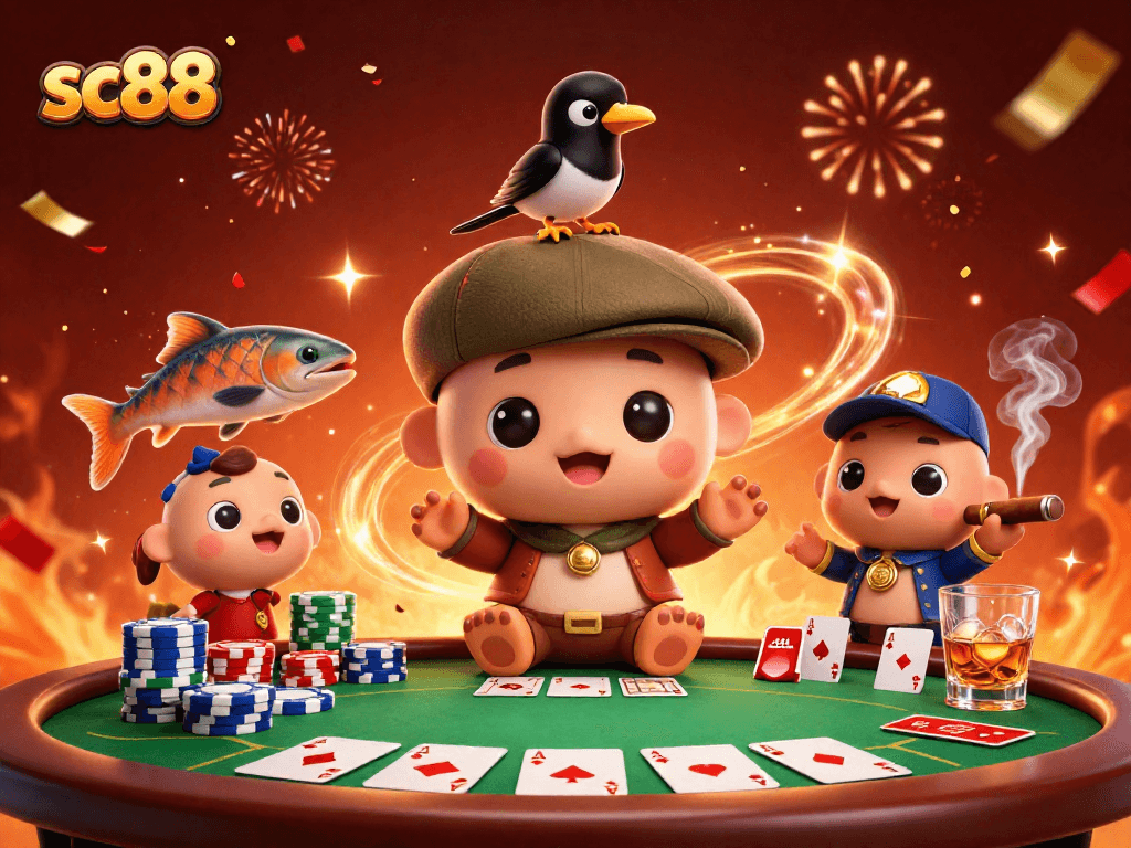 Experience the thrill of sc88 with a colorful 3D casino scene featuring poker elements and playful characters.