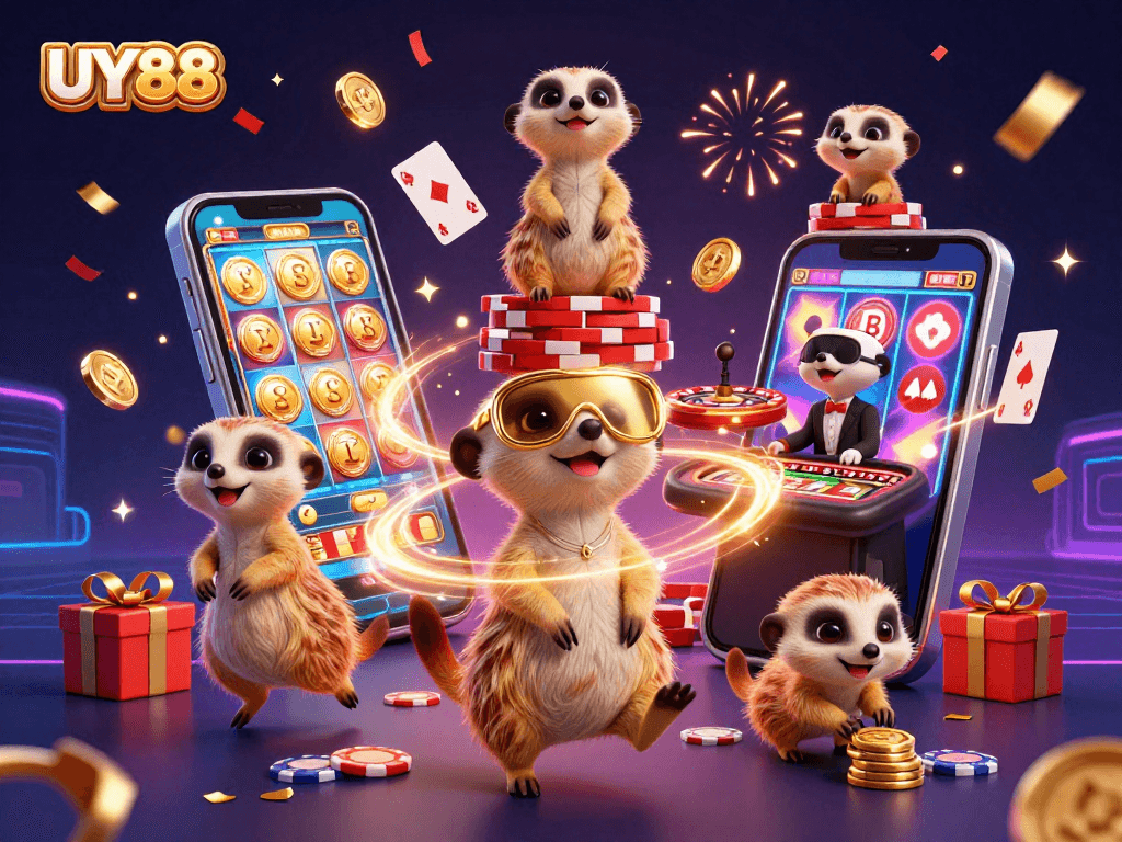 Engage with UY88 and experience the thrill of casino fun with cartoon meerkats in action.