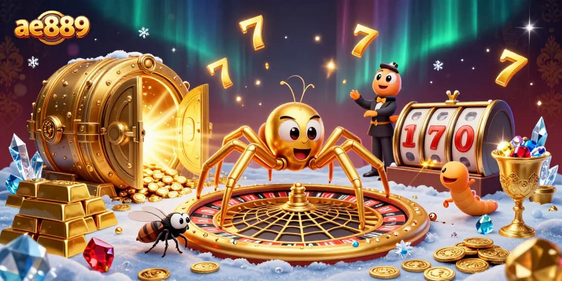 Experience the excitement of betting at ae889 with a vibrant 3D casino illustration featuring a golden spider and treasures.