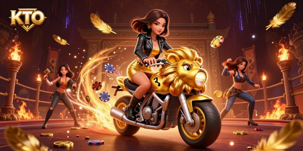 KTO gambling scene with an Asian woman riding a golden lion mascot amidst poker chips and vibrant casino elements.