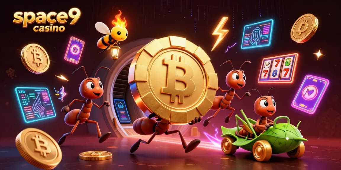 Ants carrying a giant chip symbolize fun at space9 casino with excitement and strategy.