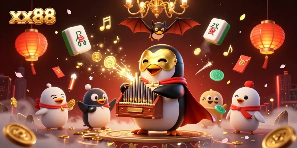 xx88 penguin playing an organ with golden coins and cherry blossoms in 3D casino illustration