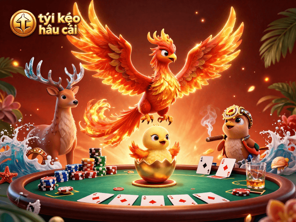 Experience thrilling gameplay with tỷ lệ kèo nhà cái, as mythical characters surround a dynamic poker game scene.
