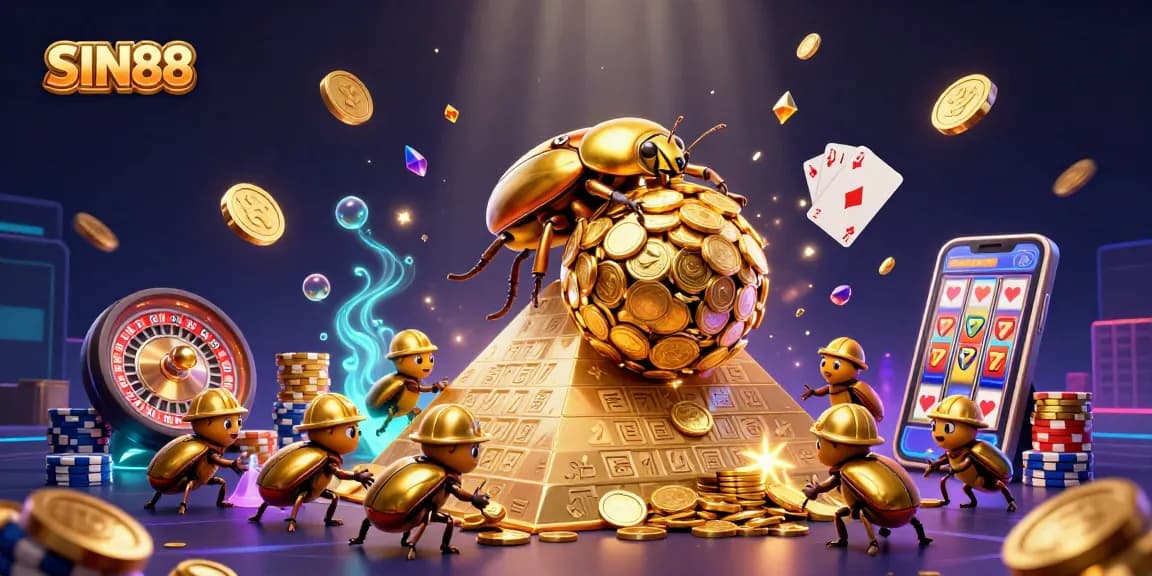 SIN88 reveals an engaging online gambling experience with golden beetles and sparkling casino elements.
