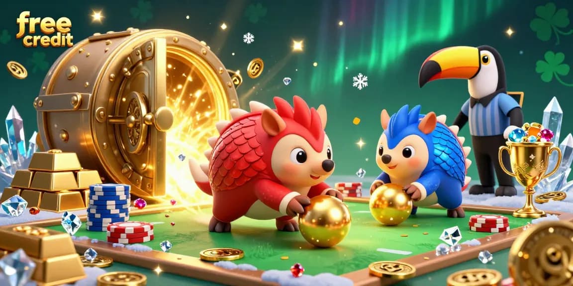Experience the thrill of free credit by bowling through stacks of poker chips with colorful pangolins in this animated casino scene.